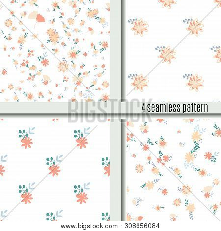 Set Seamless Pattern Bouquets Of Simple, Clear, Ordinary Flowers Bright And Cute