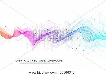Abstract Plexus Background With Connected Lines And Dots. Wave Flow. Plexus Geometric Effect Big Dat