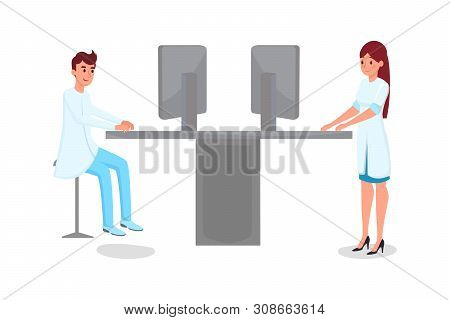 Hospital Computerization Flat Vector Illustration. Young Male And Female Doctors, Scientists In Whit