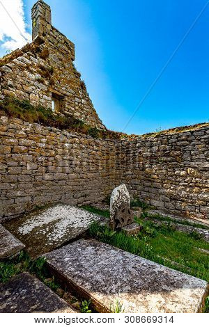Ruined Stone Walls Of The Medieval Church Of Killilagh In The Village Of Doolin, Wonderful Spring Da