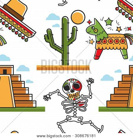 Mayan Pyramid And Skeleton Sombrero And Cactus Tree Pinata