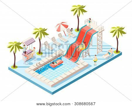 Aquapark Isometric Composition With Water Rides And Swimming Pool Vector Illustration