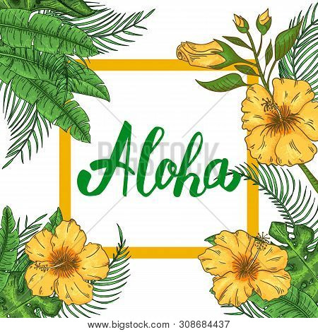 Tropical Hawaiian Party Invitation With Palm Leaves And Exotic Flowers