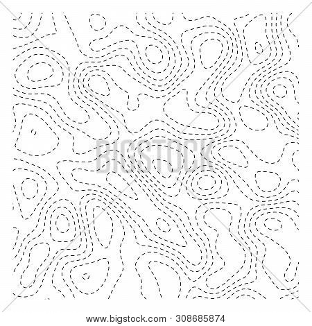 Abstract Topoghrapic Map. Thin Black Dashed Contour Lines On White Background. Vector Illustration
