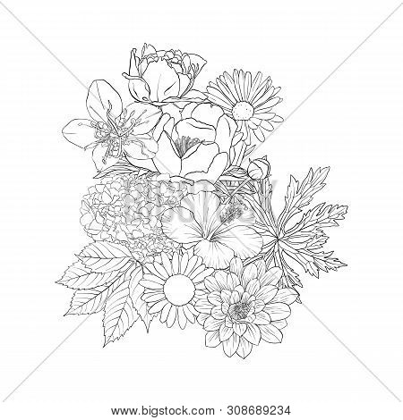 Vector Drawing Flowers, Decorative Rosette, Stylized Designtemplate, Isolated Floral Element, Hand D