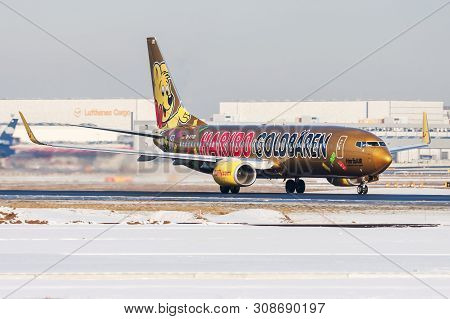 Frankfurt / Germany - December 8, 2012: Tui Airlines Special Haribo Livery Boeing 737-800 D-atud Pas
