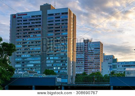 Augsburg, Germany- June 23, 2019: Sunset At The Housing Block Schwabencenter In Augsburg, Germany