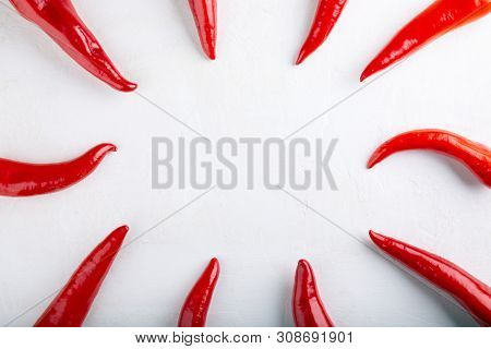 Red Pepper Frame On White Background. Top View,  Copy Space, Flat Lay, Close-up. Ramiro Pepper. Food