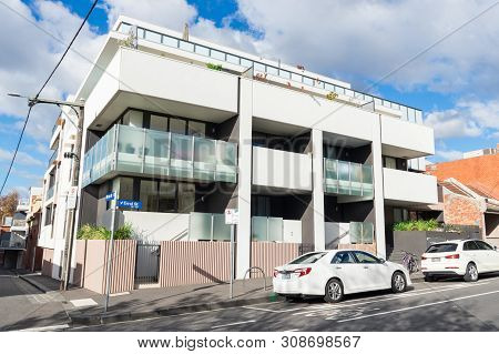 Melbourne, Australia - June 9, 2019: Modern Residential Apartment Building On Errol Street In North 