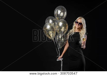 Brightfull Expressions Portrait Of Happy Emotions Girl Celebrating Christmas Or Birthday Party On Bl