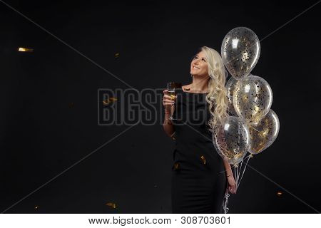 Brightfull Expressions Of Happy Emotions Of Amazing Girl Celebrating Party On Black Background. Luxu