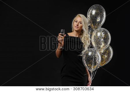 Brightfull Expressions Of Happy Emotions Of Amazing Girl Celebrating Party On Black Background. Luxu