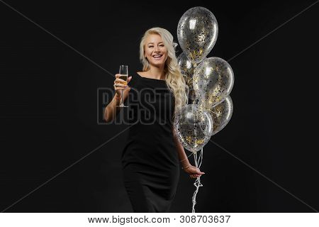 Brightfull Expressions Of Happy Emotions Of Amazing Girl Celebrating Party On Black Background. Luxu