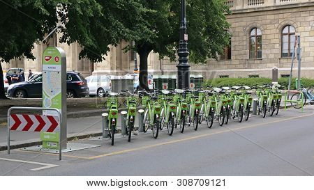 Budapest, Hungary - July 13, 2015: Bicycle Sharing Service Mol Bubi Rental At Street In Budapest, Hu
