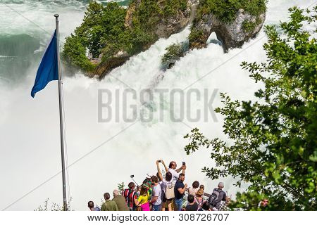 Neuhausen Am Rheinfall, Switzerland - 23 July 2019. Waterfall On The River Rhine In The City Neuhaus