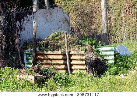 Makeshift Improvised Compost Pile Made Of Roof Panels Held Together By Wooden Poles Surrounded With 