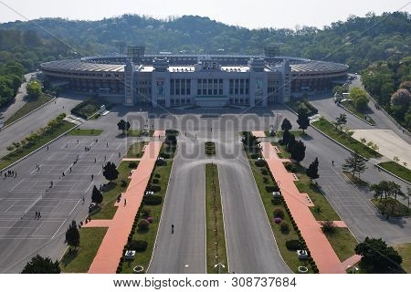 Pyongyang, North Korea - May 1, 2019: View From Above On The Buildigg Of The Kim Il Sung Stadium, A 