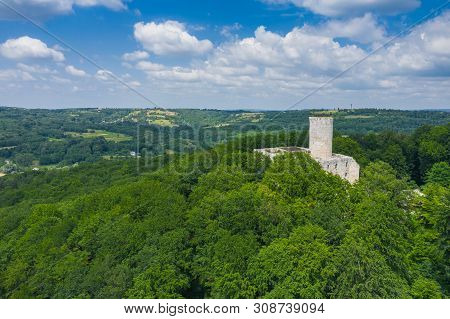 Babice, Poland - June 28, 2019: Aerial View Of Lipowiec Castle.. Historic Castle Lipowiec And Antiqu