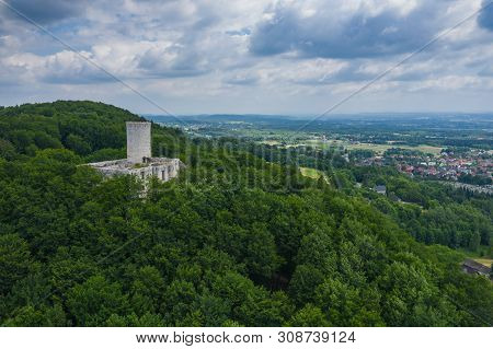 Babice, Poland - June 28, 2019: Aerial View Of Lipowiec Castle.. Historic Castle Lipowiec And Antiqu