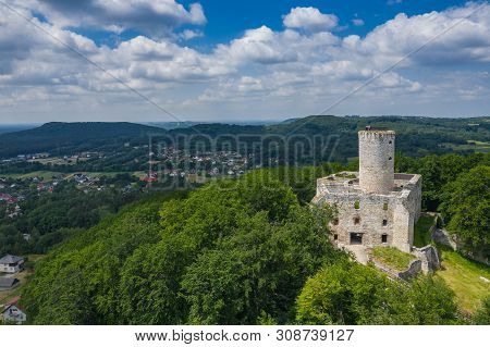 Babice, Poland - June 28, 2019: Aerial View Of Lipowiec Castle.. Historic Castle Lipowiec And Antiqu