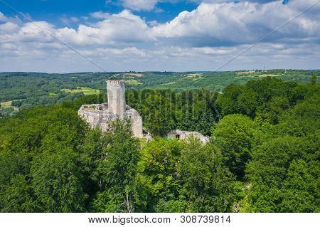 Babice, Poland - June 28, 2019: Aerial View Of Lipowiec Castle.. Historic Castle Lipowiec And Antiqu