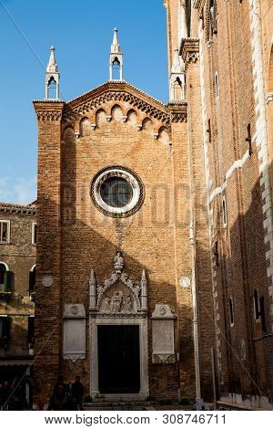 Venice, Italy - April, 2018: Basilica Di Santa Maria Gloriosa Dei Frari Located At The Heart Of The
