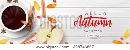 Web Banner Template For Autumn Sale. Top View On Composition With Coffee Cup, Sliced Apple, Rowan Be