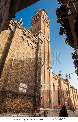 Venice, Italy - April, 2018: Basilica Di Santa Maria Gloriosa Dei Frari Located At The Heart Of The