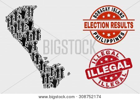Election Boracay Island Map And Seal Stamps. Red Rounded Illegal Distress Stamp. Black Boracay Islan