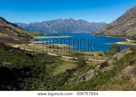 Wide View Of The Beautiful Lake Hawea On The South Island In New Zealand
