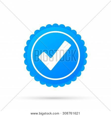 Checkmark. Blue Approved Star Sticker On White Background. Vector Stock Illustration.