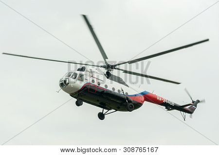 Tyumen, Russia - June 19, 2019: Aircraft Repair Helicopter Utair Engineering Plant. Test Flight Of M