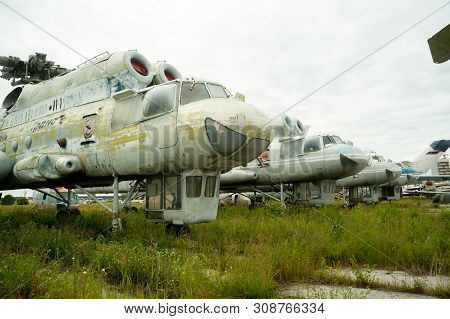 Tyumen, Russia - June 19, 2019: Aircraft Repair Helicopter Utair Engineering Plant. Old Mi-10k Helic