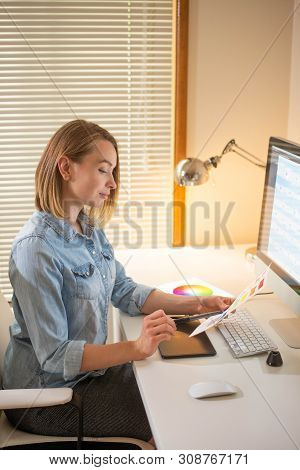 Girl Graphic Web Designer. Working On A Project. Work With Color. Freelance Designer