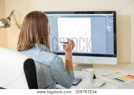 Girl Graphic Web Designer. Working On A Project. Work With Color. Freelance Designer