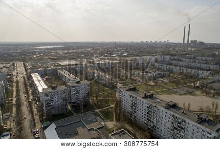Aerial View Of Town, Nuclear Power Station, Thermal Power Station And Sky. Top View.