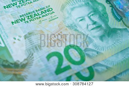 Closeup Of New Zealand Banknote 20$ Dollars. The Symbol Of Money Currency Of New Zealand.