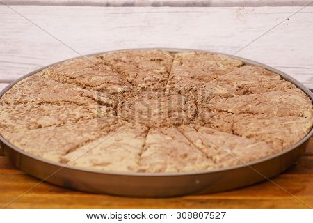 Halvah Sweet Traditional Food Dessert Made Of Nuts. Delicious Food, Tasty Healthy Snacks Concept.