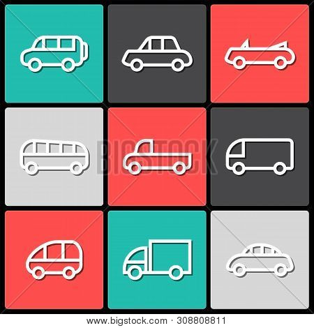 Car Transport Icon, Sign, Pictogram, Symbol  Set White Volor With Shadow Isolated On A Square Backgr