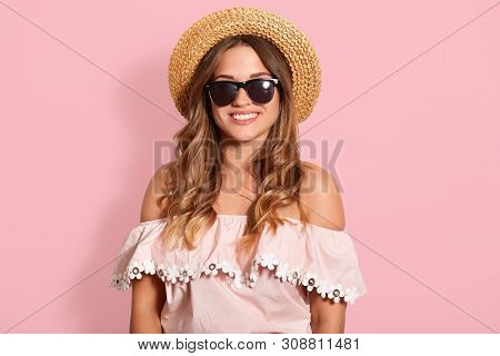 Close Up Portrait Of Beautiful Young Woman With Toothy Smile, Being In Black Sunglasses, Shirt With 