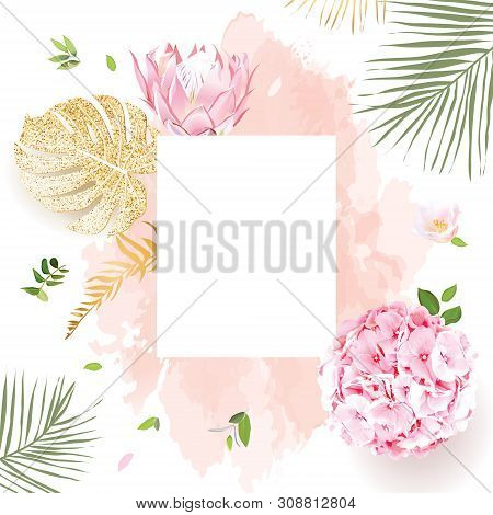 Trendy Simple Flat Lay Design Vector Background. Pink Hydrangea, Protea, Camellia, Palm Leaves, Gold