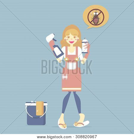 Woman Wearing Glove Holding Spray And Clean Solution With Bucket, Pest Control, Anti Bug And Cockroa