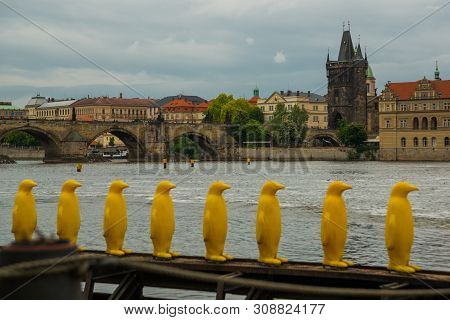 Prague, Czech Republic: The Penguins Installation By The Cracking Art Group At Kampa Park, Prague.
