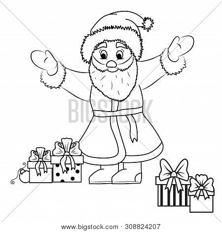 Santa Claus And Gifts Black Outline On White