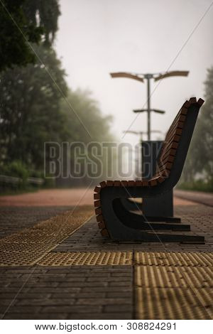 Foggy Morning In The City Park. Benches And Lanterns