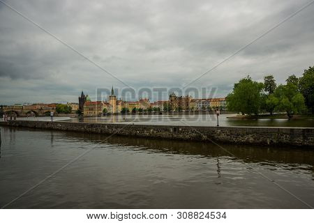 Prague, Czech Republic: Beautiful Landscape Overlooking The Famous Charles Bridge And Vltava River