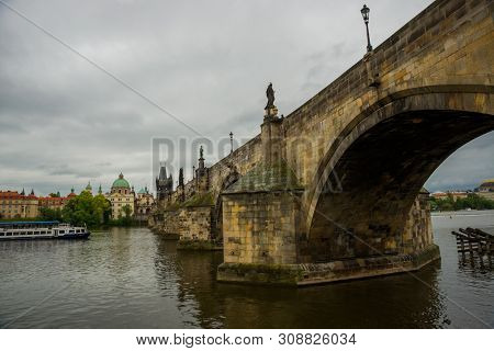 Prague, Czech Republic: Karluv Most. The Famous Beautiful And Ancient Charles Bridge, A Popular Plac