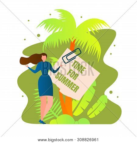 Time For Summer Square Banner With Young Woman Stand On Tropical Background With Palm Trees And Exot