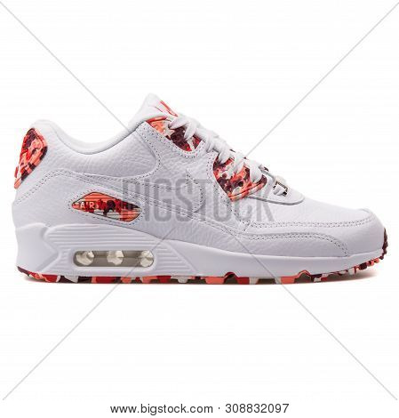Vienna, Austria - August 25, 2017: Nike Air Max 90 Qs White And Red Sneaker On White Background.