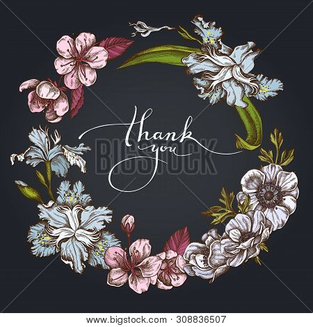 Dark Floral Wreath Of Anemone, Iris Japonica, Sakura Stock Illustration